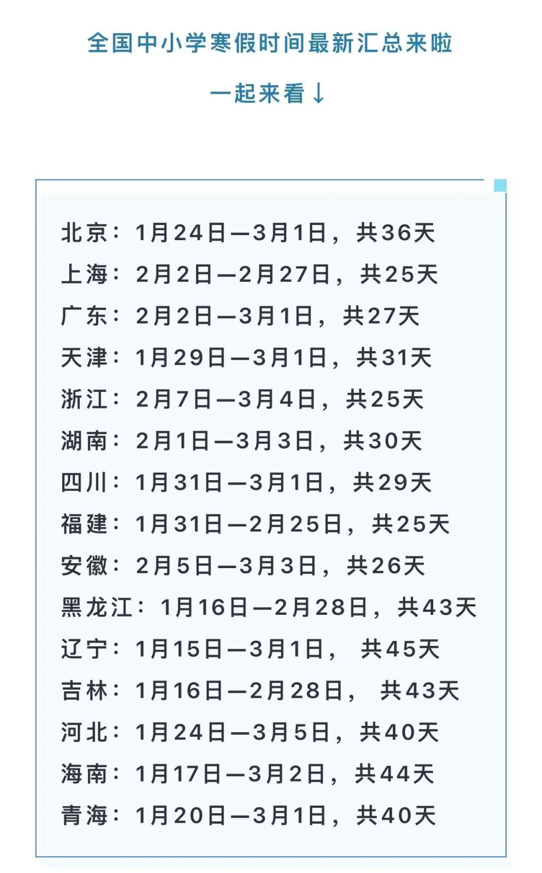 呼和浩特大中小学寒假放假时间来了！最长56天