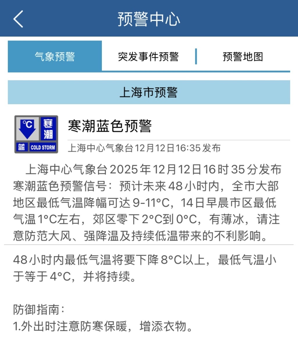 寒潮蓝色预警！未来48小时上海最低气温降幅达9℃，明天有风雨
