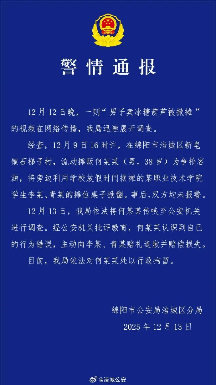 学生放假期间卖冰糖葫芦被掀摊，警方通报