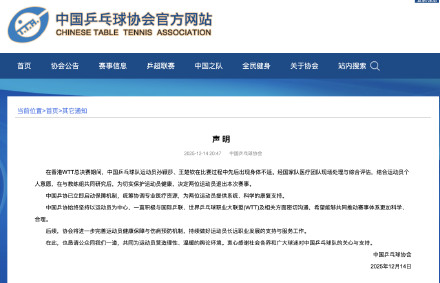 乒协回应孙颖莎王楚钦退赛