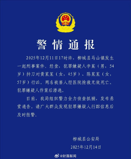 警方通报男子持刀行凶致2人死亡：犯罪嫌疑人作案后潜逃