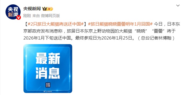 日本东京都政府:大熊猫“晓晓”“蕾蕾”将于2026年1月下旬送还中国 日本东京都政府:大熊猫“晓晓”“蕾蕾”将于2026年1月下旬送还中国