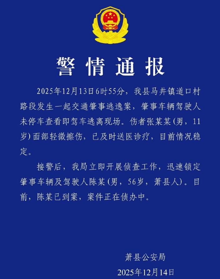 撞飞11岁男孩未停车直接逃逸！警方通报：驾驶人陈某（男，56岁）已到案