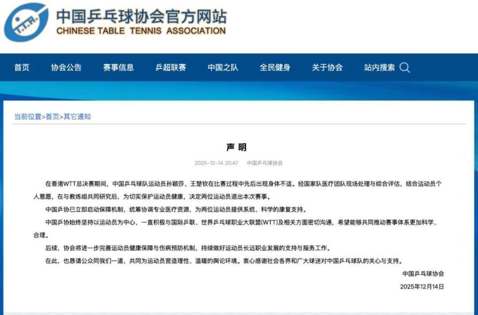 中国乒协回应孙颖莎王楚钦退赛:将持续完善运动员健康保障与伤病预防机制 中国乒协回应孙颖莎王楚钦退赛:将持续完善运动员健康保障与伤病预防机制