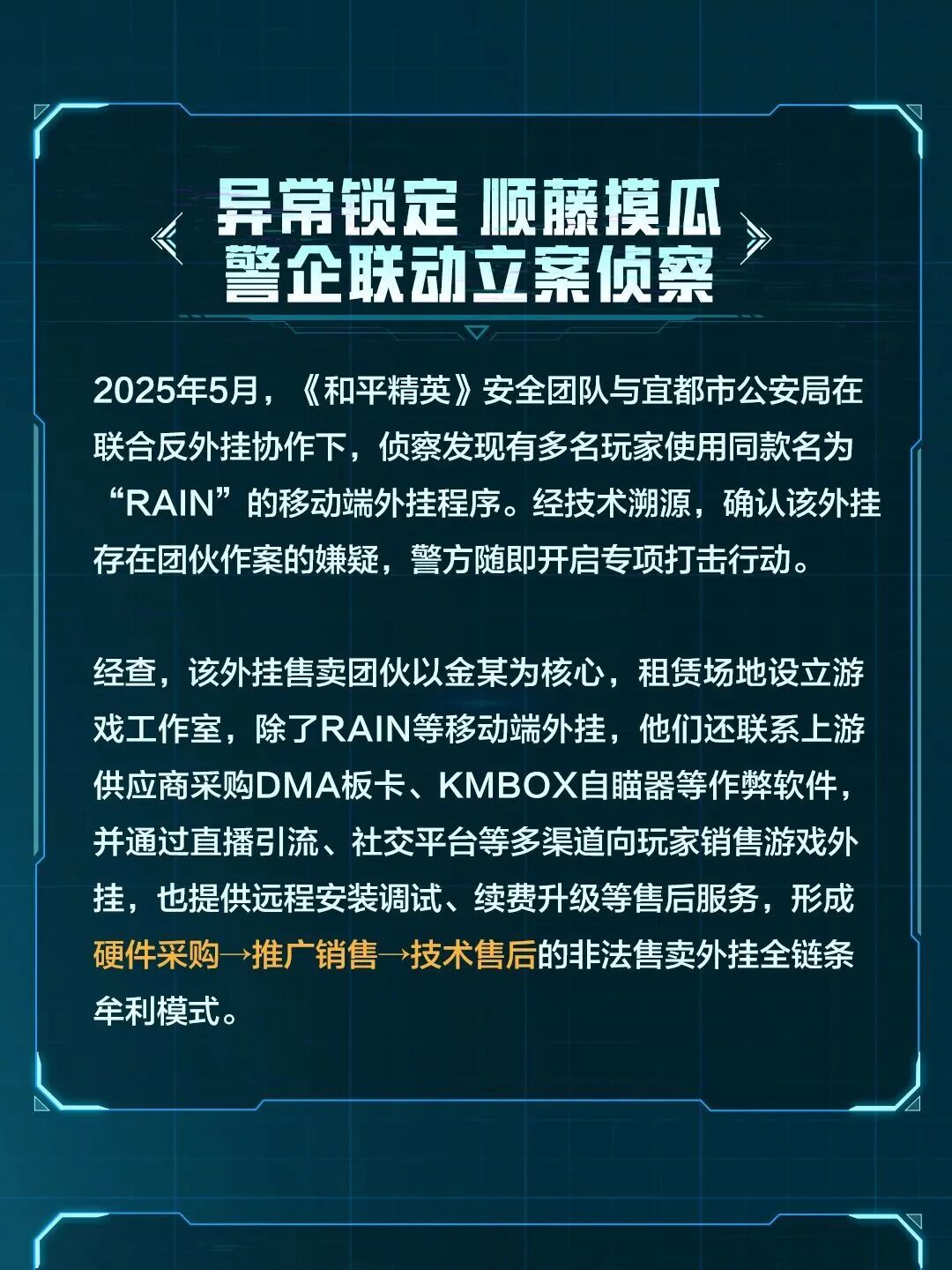 腾讯和平精英团队配合警方抓获15人，横跨10余个省市的外挂团伙覆灭