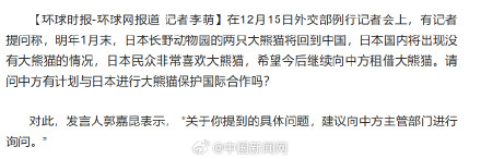 中方回应日本民众希望继续租借大熊猫 中方回应日本民众希望继续租借大熊猫