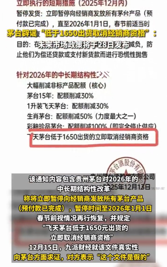 “飞天茅台低于1650元出货取消代理”不实：文件是假的