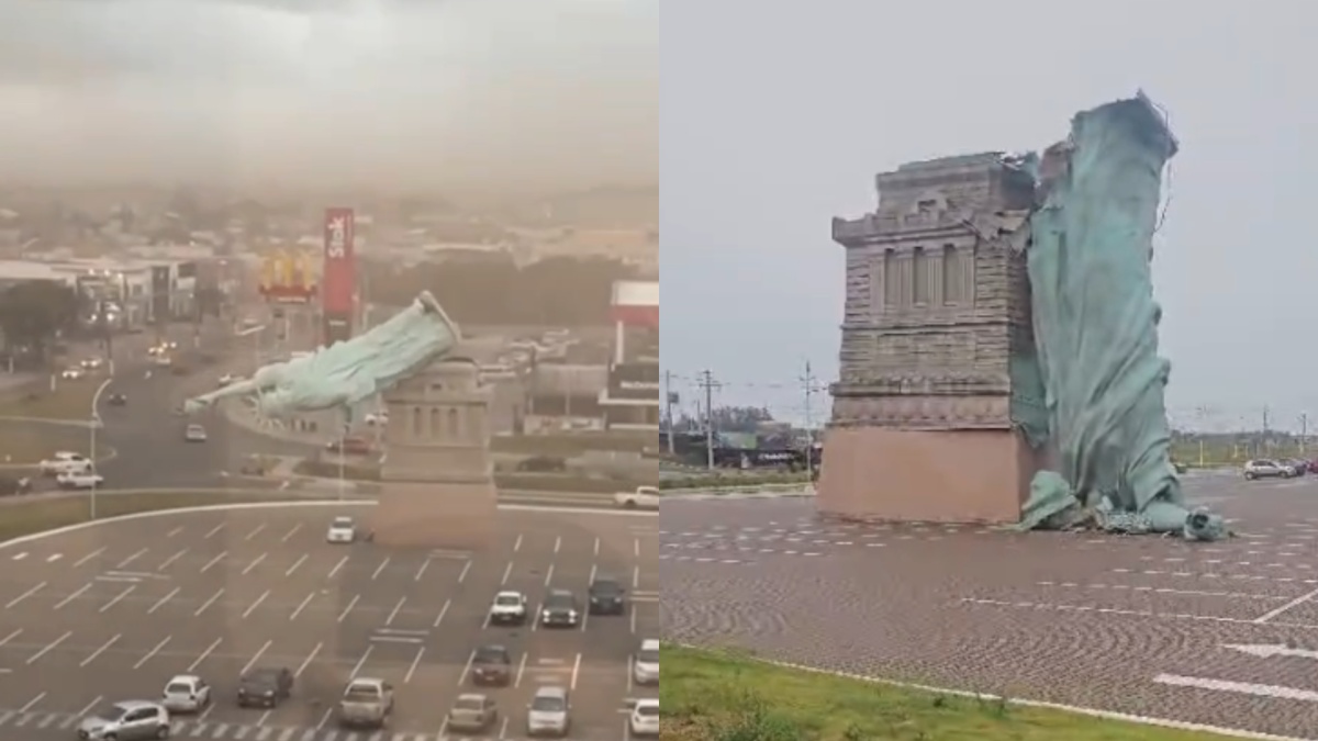 现场画面!外媒:巴西一座自由女神像复制品雕塑在强风中被刮倒 现场画面!外媒:巴西一座自由女神像复制品雕塑在强风中被刮倒