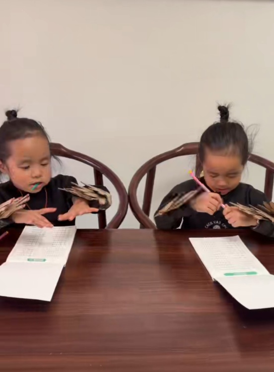 双胞胎女孩算数手指不够用，太爷爷用废纸壳做了一沓假手指