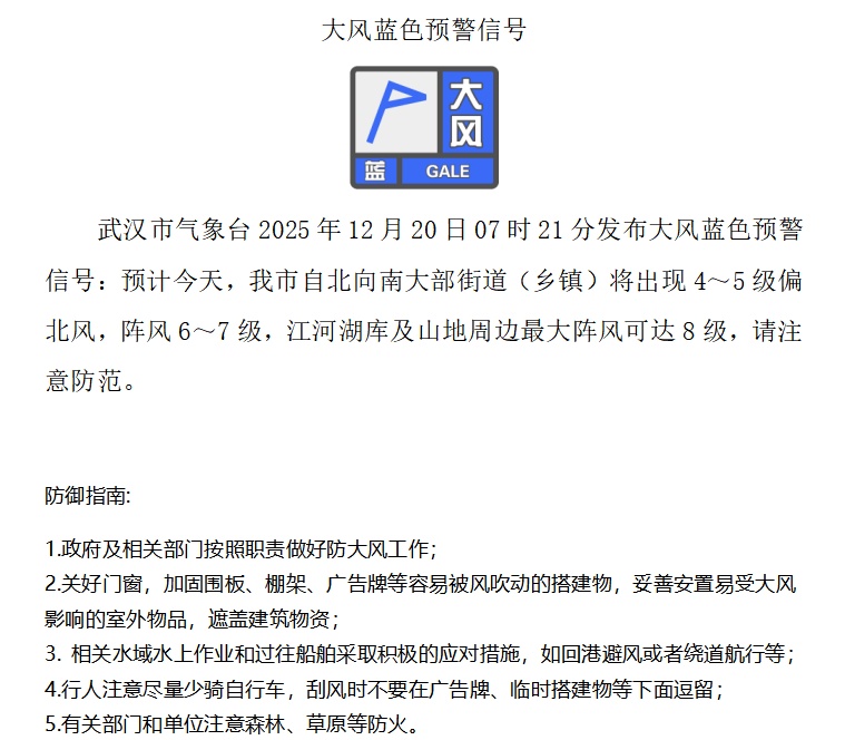 湖北发布大风蓝色省级预警