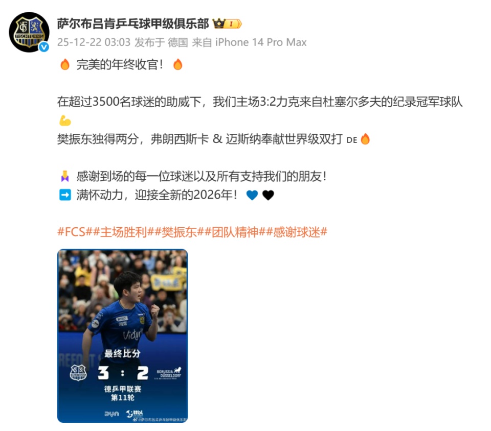 樊振东独得2分，率队德甲年终完美收官