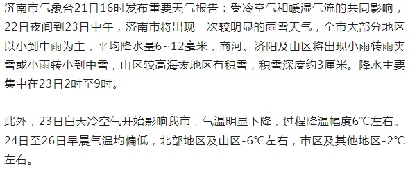22日夜间到23日中午济南将迎雨雪，降水集中在23日2时至9时