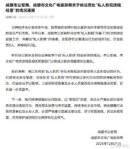 成都通报：今年暗访“私人影院”20余家 发现2处场所涉黄