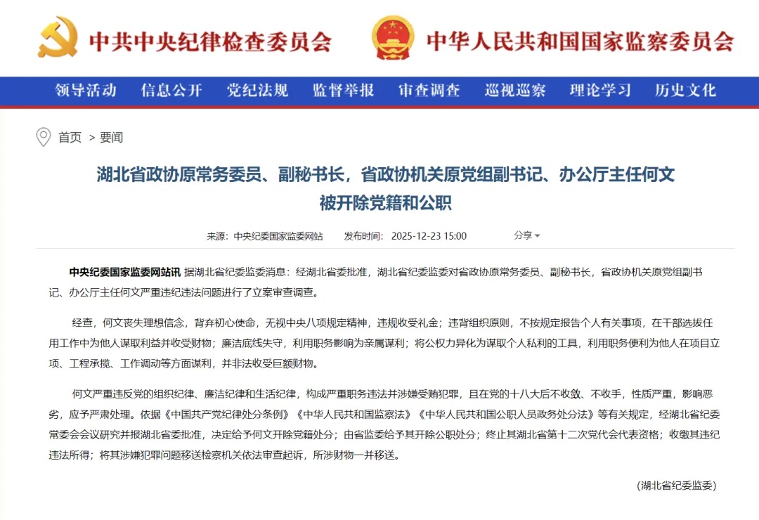 湖北省纪委监委：何文被开除党籍和公职