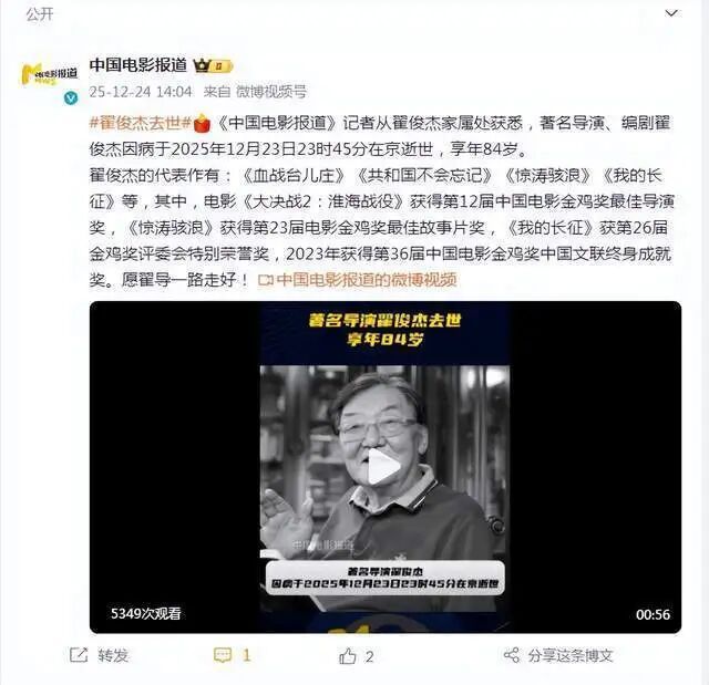 著名导演翟俊杰因病逝世，享年84岁