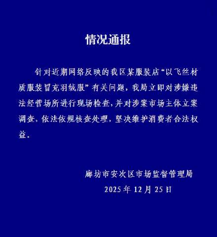 河北廊坊通报商家以飞丝冒充羽绒服