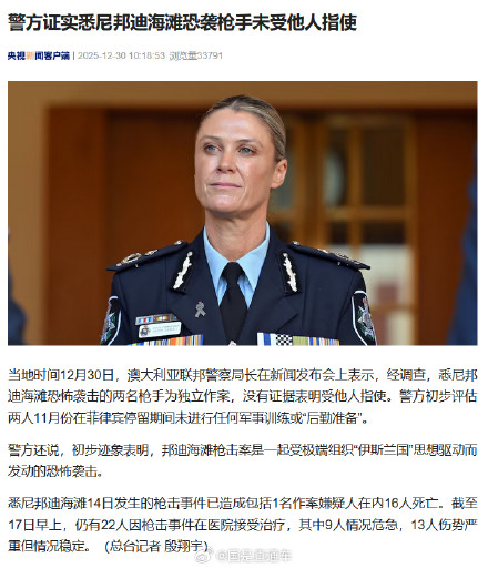 警方证实悉尼海滩恐袭枪手未受指使