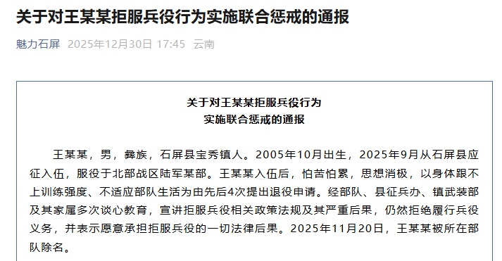 通报：王某某（2005年出生），被部队除名