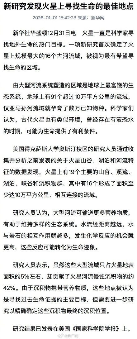 新研究发现火星上寻找生命最佳地点 新研究发现火星上寻找生命最佳地点