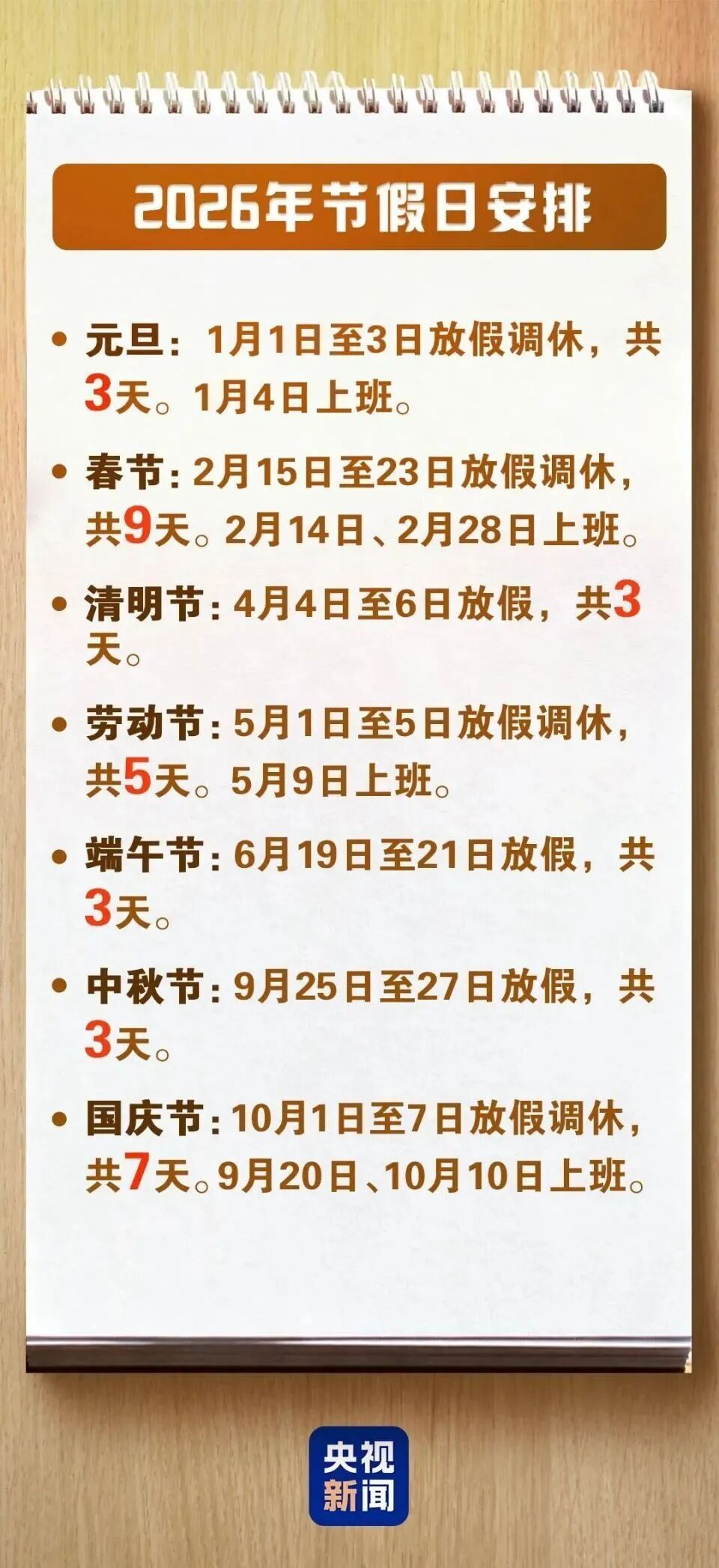 2026年放假通知：增加5天