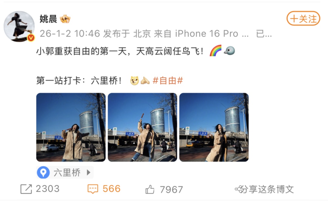 “郭芙蓉自由了”冲上热搜，姚晨回应