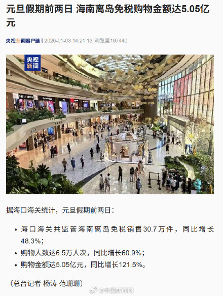 2026前两天海南离岛免税购物金额超5亿元