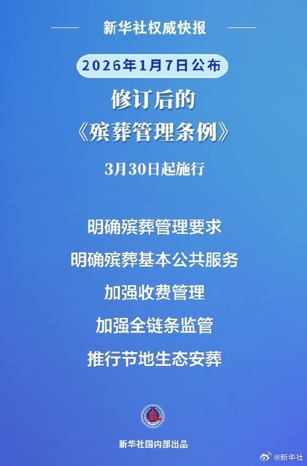 修订后的《殡葬管理条例》自2026年3月30日起施行 修订后的《殡葬管理条例》自2026年3月30日起施行