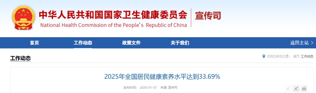 2025年全国居民健康素养水平达到33.69% 2025年全国居民健康素养水平达到33.69%