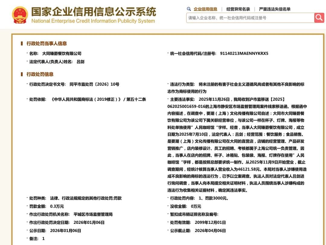 “人民咖啡馆”一门店被立案调查 “人民咖啡馆”一门店被立案调查