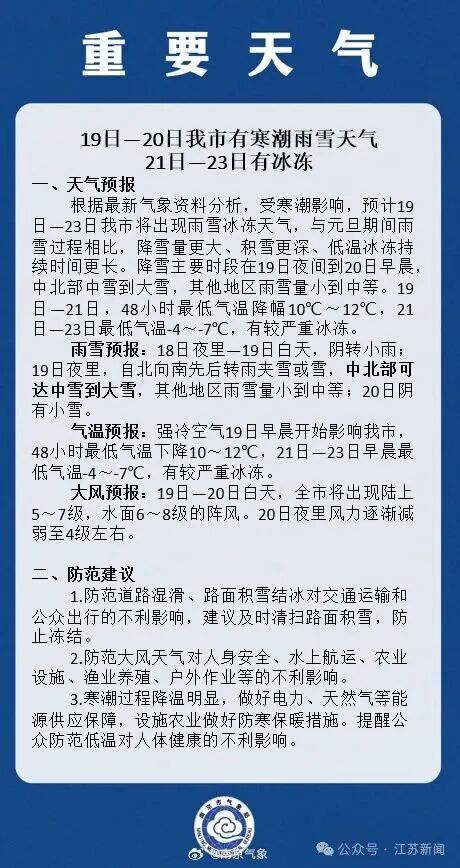 强寒潮！大到暴雪！南京、徐州、盐城……江苏多地发布降雪预报