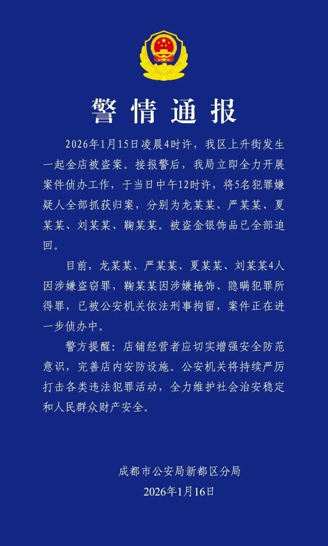 5人盗金店8小时就被抓，成都警方通报：被盗饰品已全部追回