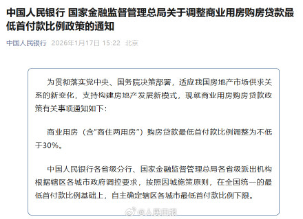 商业用房房贷首付比例调整为不低于30%