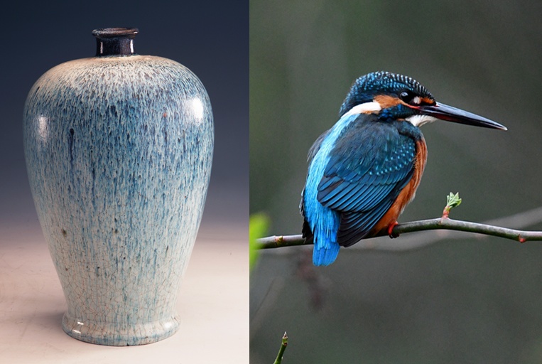 古人将翠鸟羽毛绘在瓶子上
