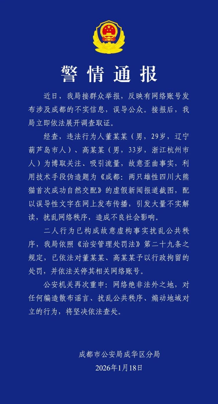 成都警方：董某某、高某某伪造“两只雄性大熊猫成功交配”虚假报道截图，已行拘