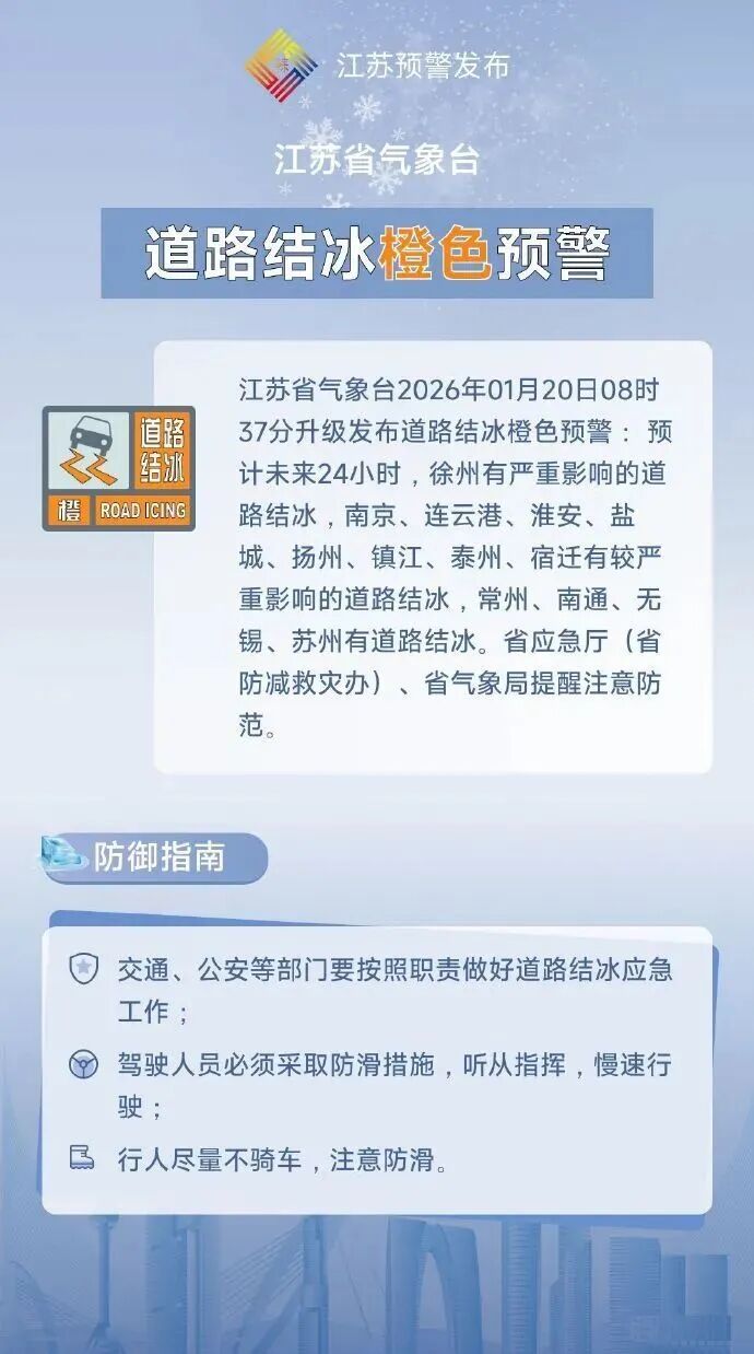江苏升级道路结冰橙色预警，22条高速路段实施一级管制