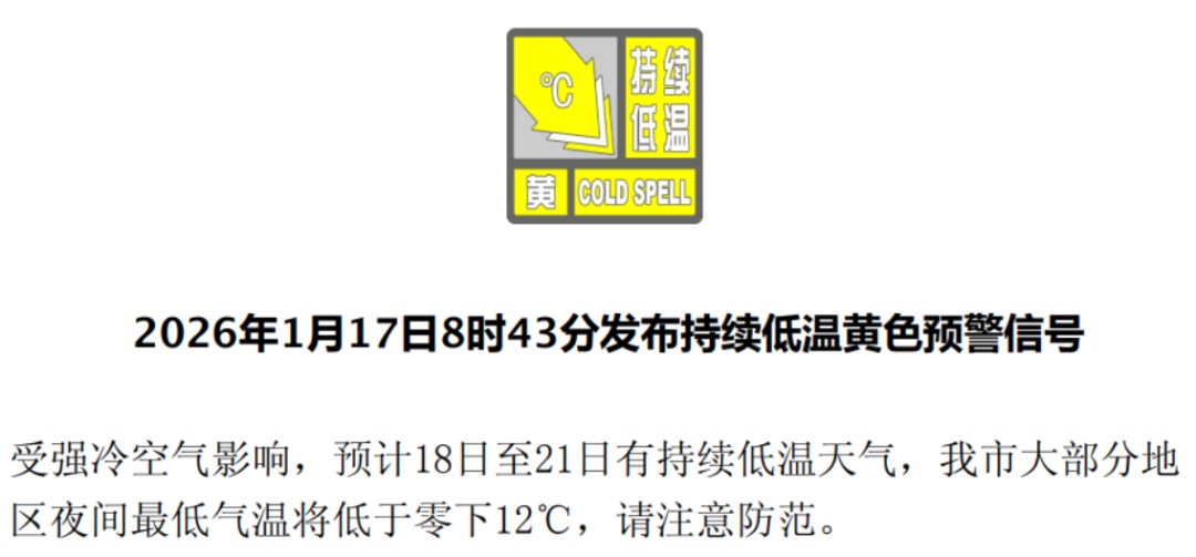 北京低温黄色预警中，今日最高气温仅零下1℃
