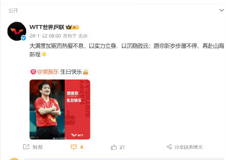 WTT愿樊振东新岁步履不停