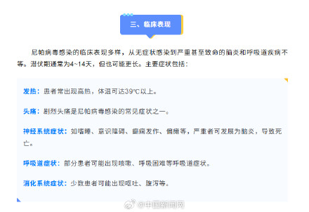 尼帕病毒感染的主要症状