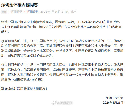 中国田径协会原主席楼大鹏逝世