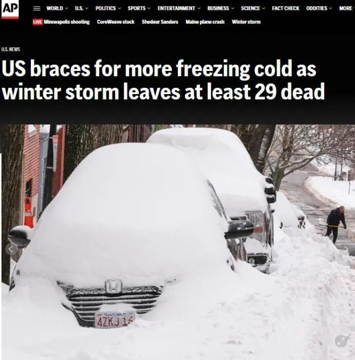 美国冬季风暴已致30人死亡，纽约有8人死于户外