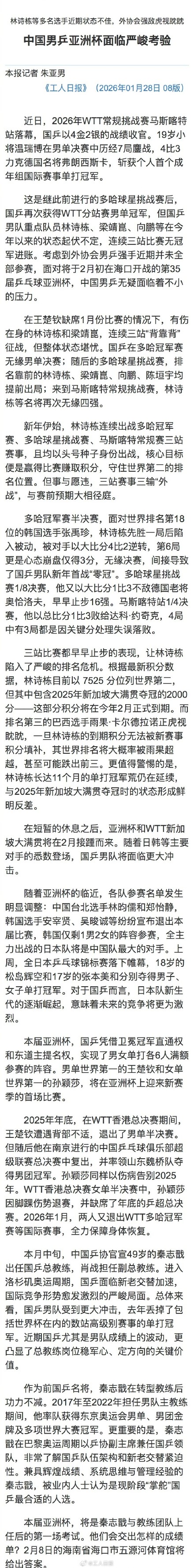 中国男乒亚洲杯面临严峻考验 中国男乒亚洲杯面临严峻考验