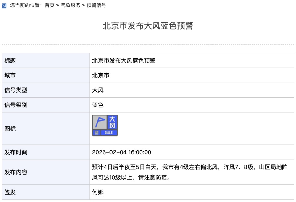 北京市发布大风、寒潮蓝色预警