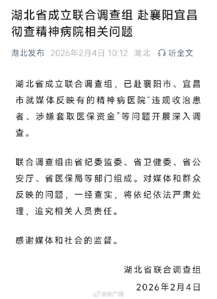湖北就精神病院相关问题成立调查组