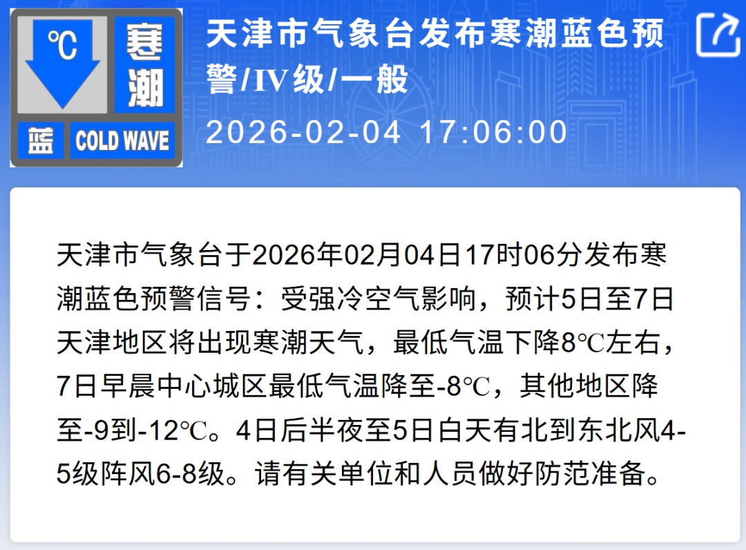 天津发布寒潮预警！直降8℃
