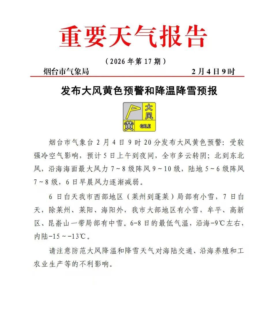 烟台将迎局地中雪！最低-15℃