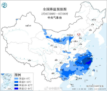 寒潮继续影响中东部！强降温区域将转移至江淮江南 部分地区降幅可超12℃