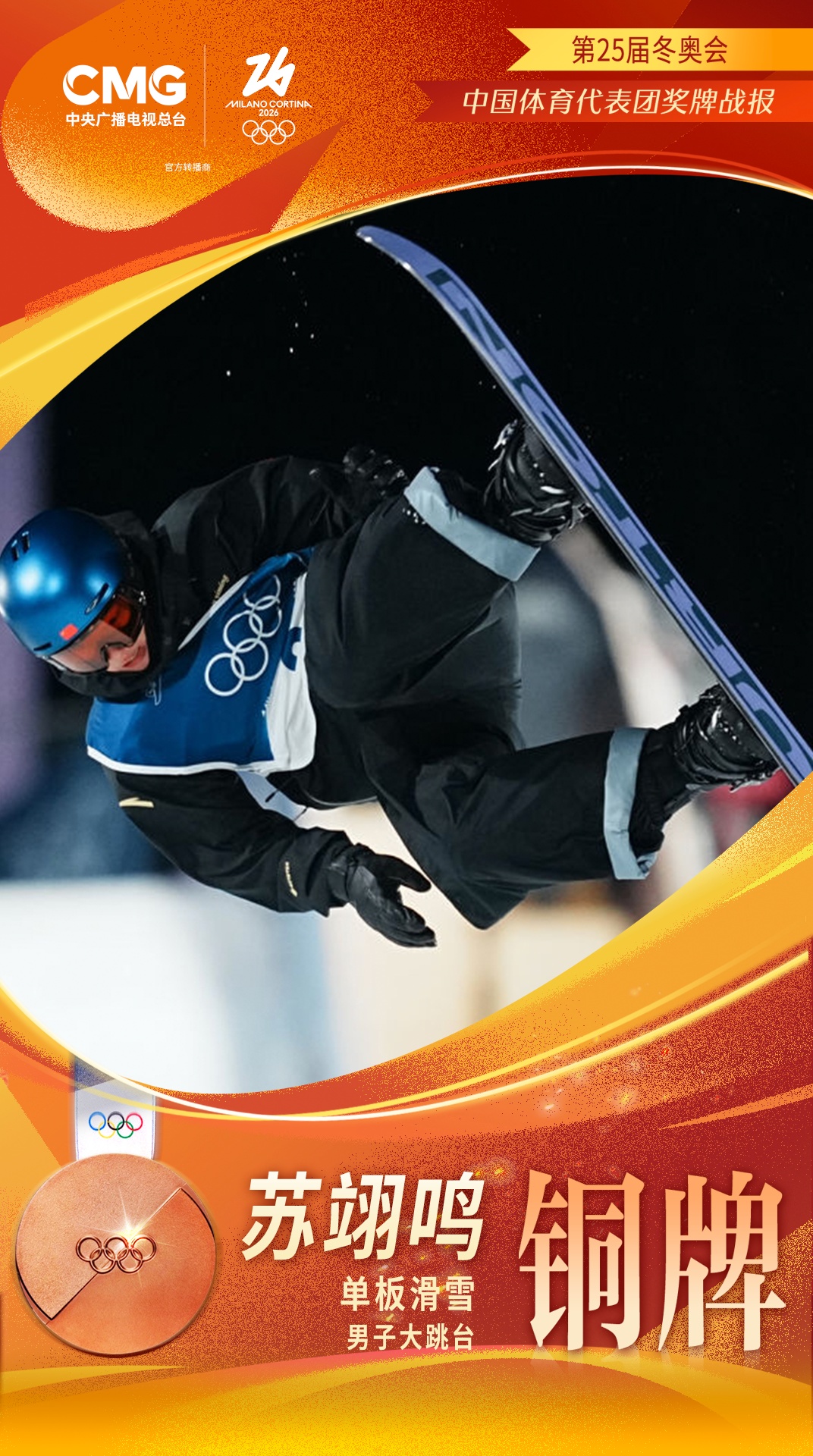 苏翊鸣获得米兰冬奥会中国代表团首枚奖牌 苏翊鸣获得米兰冬奥会中国代表团首枚奖牌