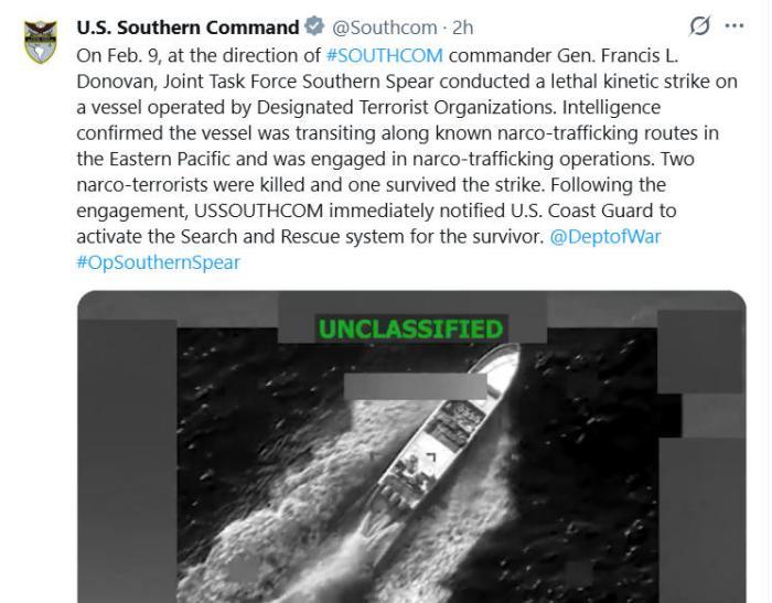 美军称在太平洋对一艘“贩毒船”实施致命打击 打死2人