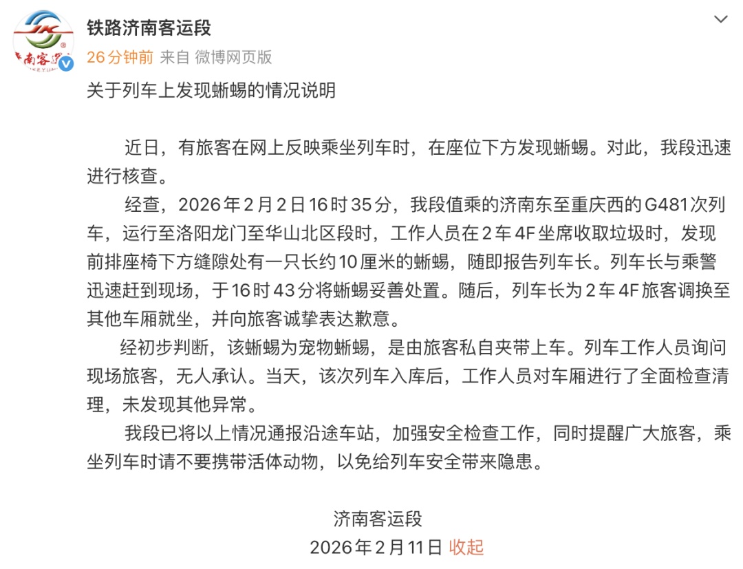 “真害怕，我都不敢回座位了”，高铁车厢内突现蜥蜴？铁路通报