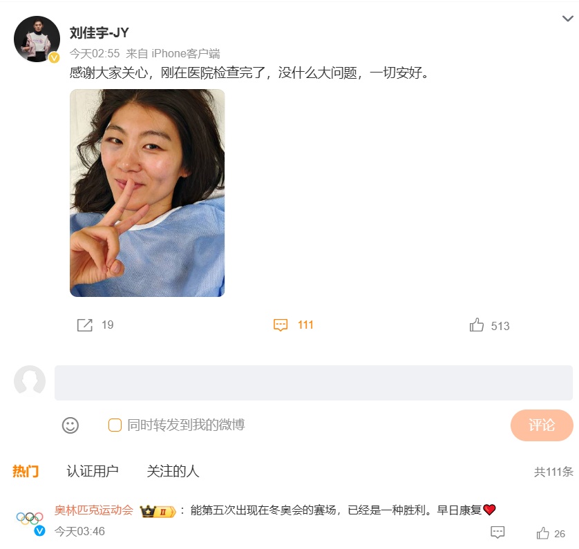 中国选手刘佳宇回应“头部冲下摔倒,额头缝了一针”:一切安好 中国选手刘佳宇回应“头部冲下摔倒,额头缝了一针”:一切安好